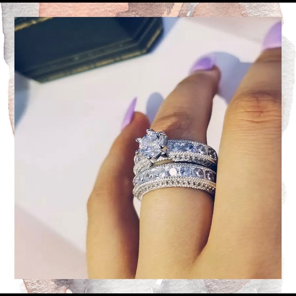 925 SILVER 2 RING WEDDING ENGAGEMENT RING SET - Picture 3 of 4